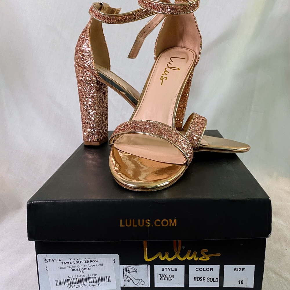 Lulu's Taylor Glitter Rose Gold Open Toe Heels Size 10